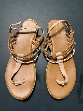 ALDO Brown Braided T-Strap Sandals with White Accent